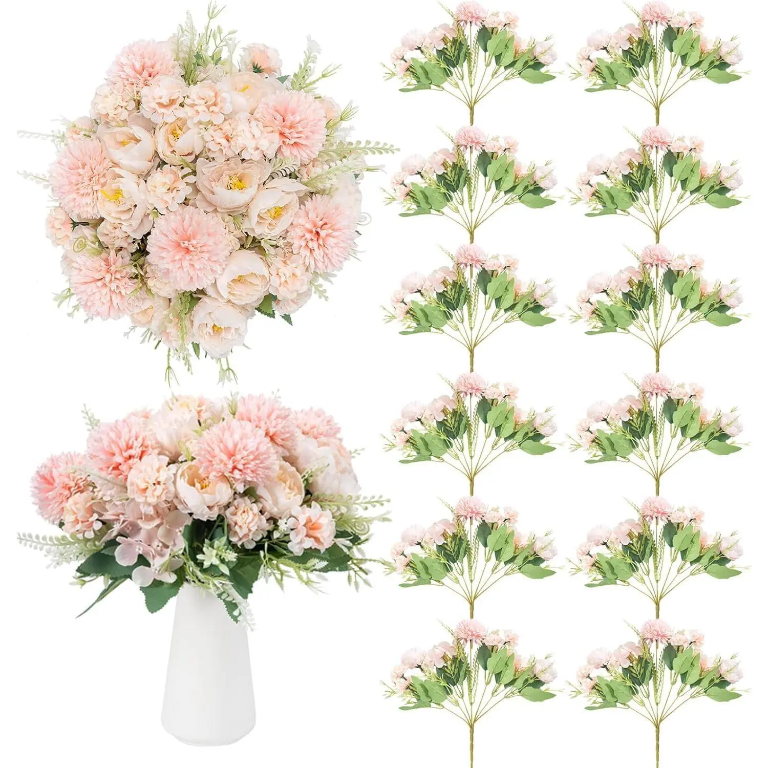 12-Pack Light Pink UV-Resistant Plastic Silk Peony Artificial Flower Bouquets with Silk Leaves - 12.2in Adjustable Bagged Decorative Home Decor for Centerpieces, Occasion Party Accents