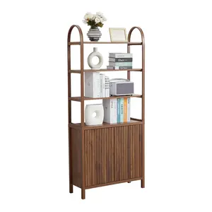 Giratree 68"(172cm) Fluted Tall Bookcase, Mid-Century Modern 5-Tier Arched Bookshelf with Storage Cabinet & Doors, Open Display Shelf for Home Office/Bedroom/Living Room