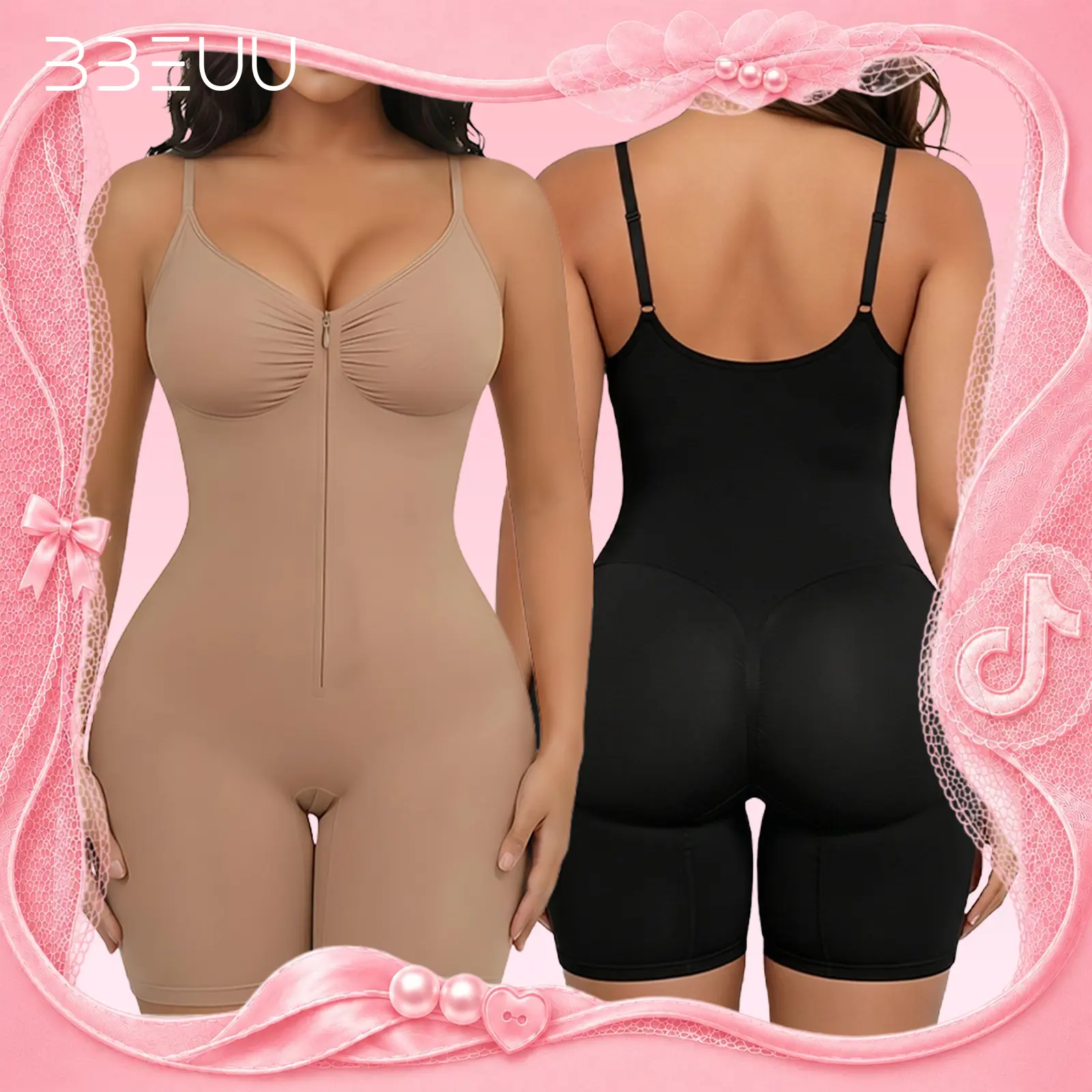 BBEUU Seamless Tummy Control Bodysuit | Zipper Front Butt & Breast Lifting Shapewear, Open Crotch Design for Convenience, Adjustable Straps All Day Breathable Shaper