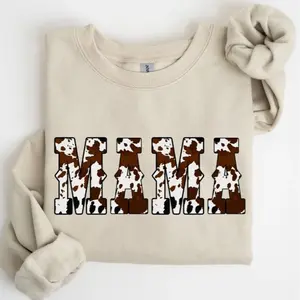 Mama, Cow Print, Western, Country, Varsity, Retro, Vintage Sweatshirt, Crew Neck, Women's, Crewneck