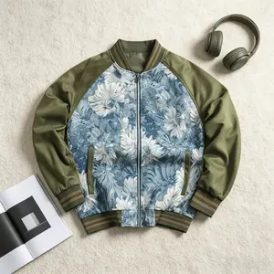 Men’s Vintage Painterly Floral Jacquard Raglan Sleeve Bomber Jacket, Two Tone Army Green Spliced Zip Up Baseball Coat, Thick Textured Allover Flower Print Streetwear Jacket Leopard Fleece Buffalo Plaid Sherpa Suede Lapel Casual