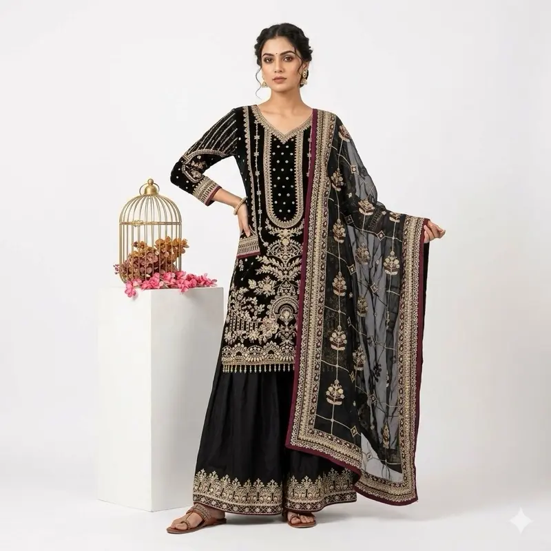 Women's 3-Piece Plazzo Suit Set, Ready to Wear Faux Georgette Party Clothes with Heavy Embroidery, Sequins & Lace Dupatta, Lady, Women's Clothes, Sleeves, Elastic, Original