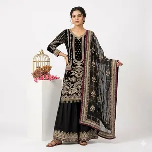 Black Lovers Indian Suits with Intricate Embroidery and Rich Fabric for Special Occasions Heavy Faux Georgette Top Plazzo & Dupatta Set - Menswear, Cotton
