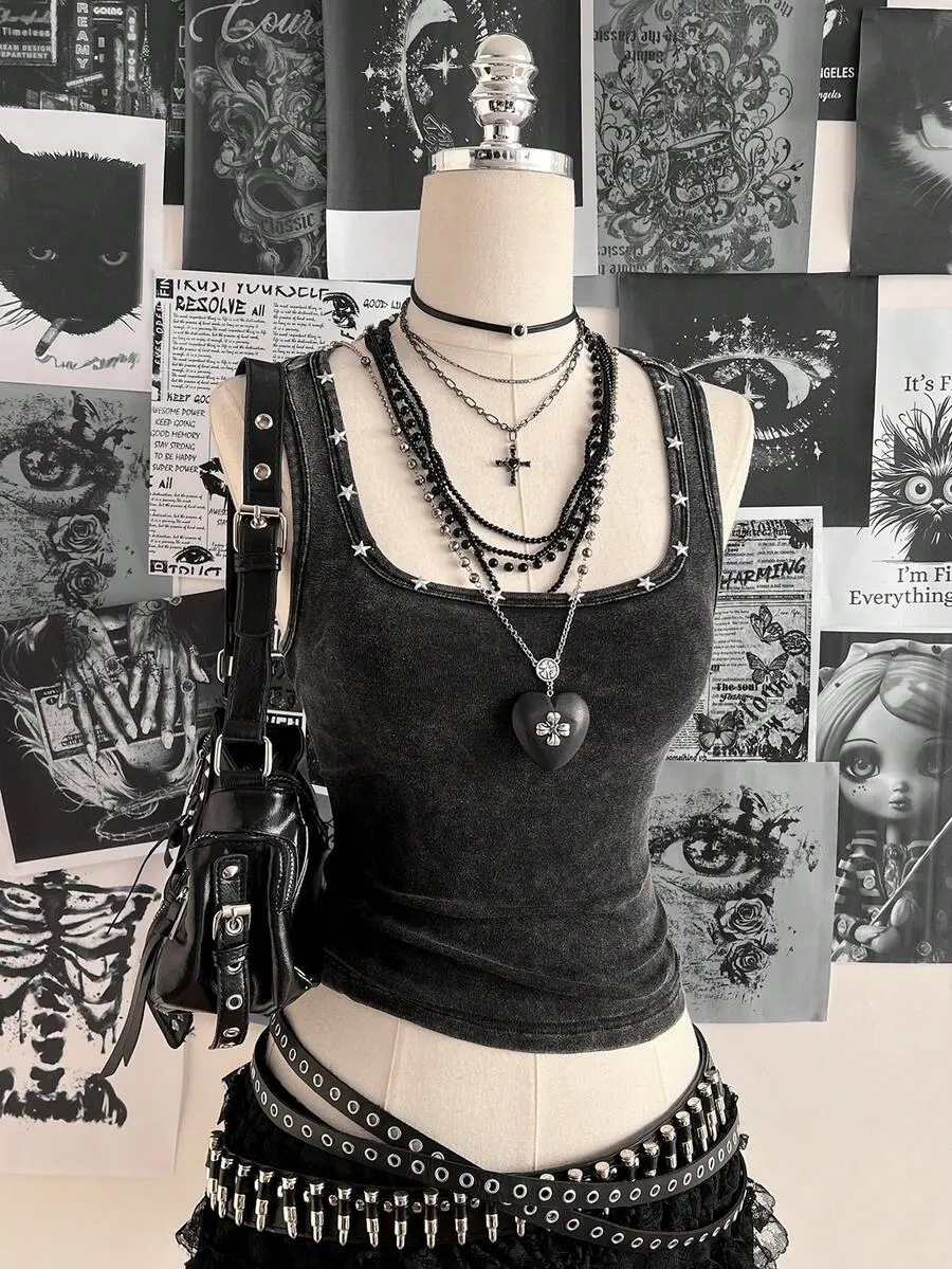 VELORA x Attitoon Women's Black Goth Summer Metal Pentagram Decor Square Neck Fitted Camisole,Grunge Tank Top,Club Tops Suitable For Music Festivals