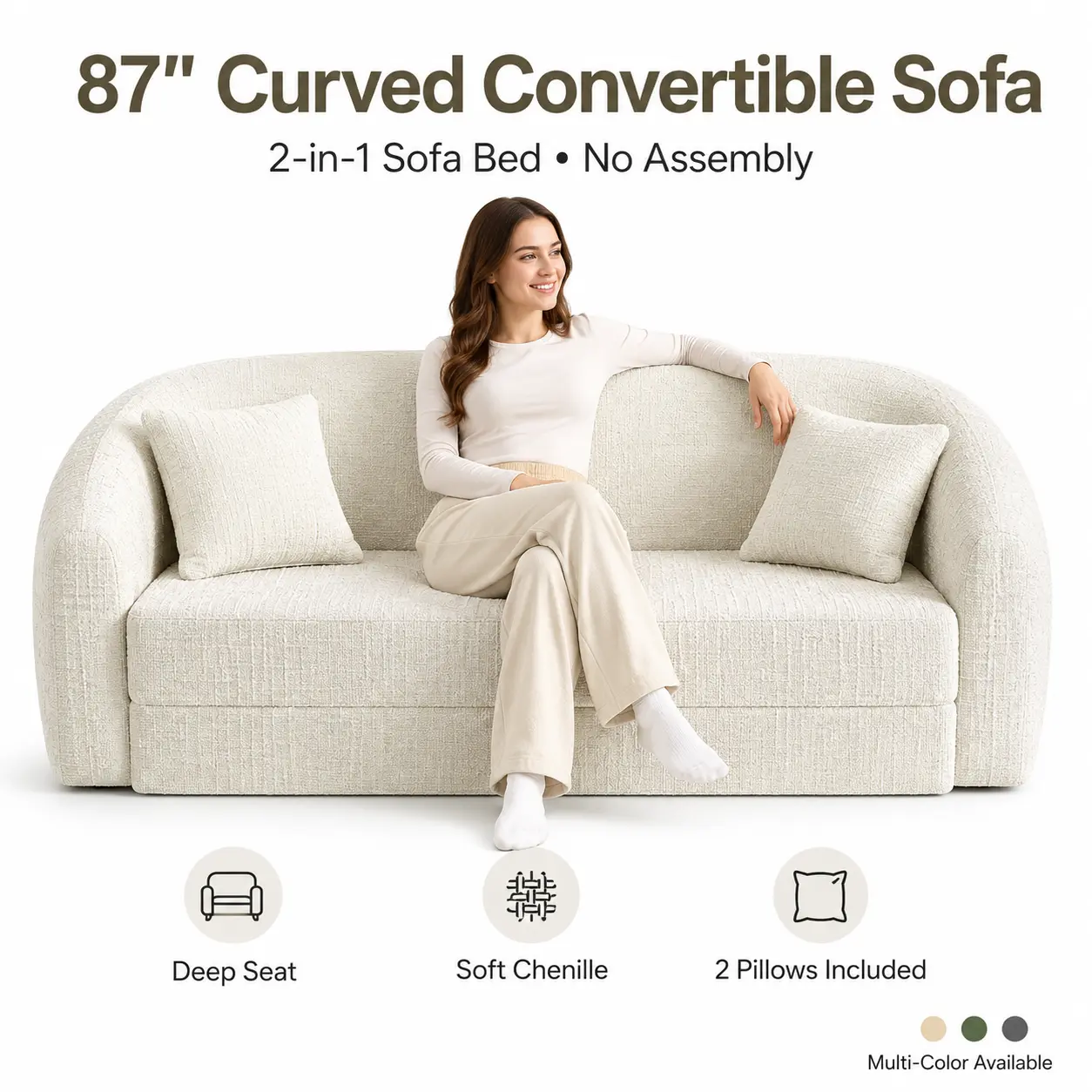 87-in Beige Curved Chenille 2-in-1 Convertible Sofa Bed - Pull-Out Sleeper Loveseat with Deep Seat, 2 Pillows, No-Assembly Indoor Living Room Furniture cream couch modern boneless