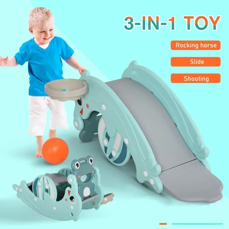 4-in-1 Toddler Playground Slide Set, Freestanding Kids Slide with Rocking Horse, Climber & Basketball Hoop, Promotes Motor Skills, Balance & Active Play, Safe Foldable Indoor Outdoor Activity Toy for Boys & Girls