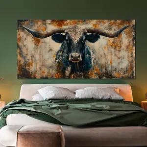 Global Rustic Bull Painting Print Abstract Longhorn Wall Art, Rural Animal Close-Up Wall Decor, Bovine Artwork Wide Poster