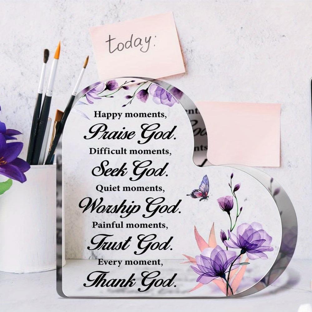 Heart Shaped Acrylic Christian Inspirational Sign, Praise God Thank God Religious Desk Decor Plaque, Bible Verse Faith Gift for Women Friends Family, Purple Floral Butterfly Desktop Tabletop Ornament Christian Keepsake Gift