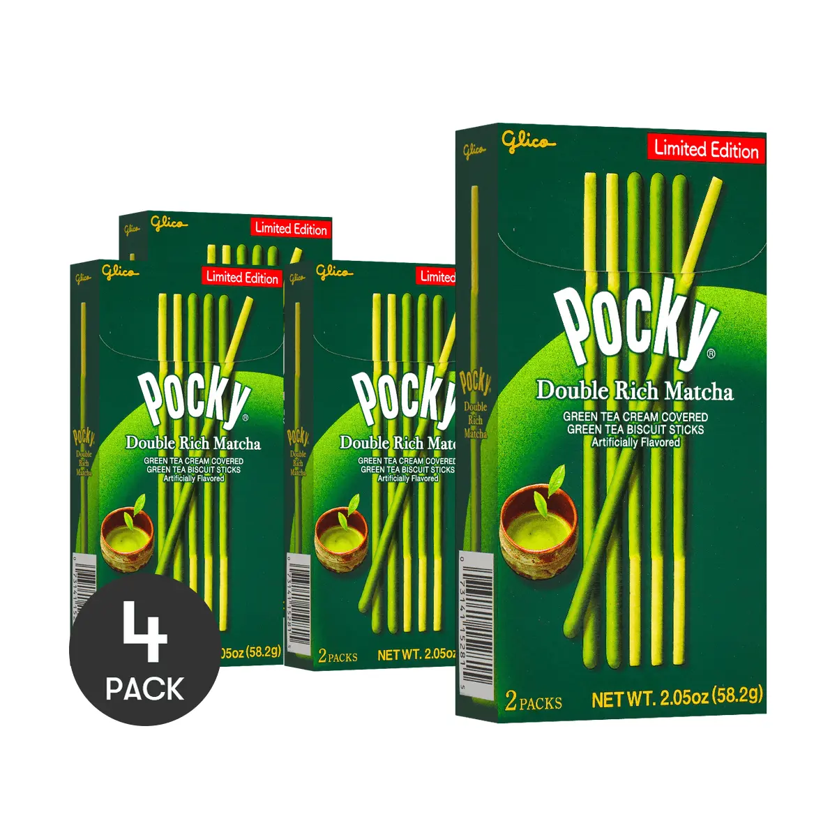 4 Pack GLICO POCKY Double Rich Matcha Chocolate Sticks 1.73oz Each - Limited Edition Japanese Snack