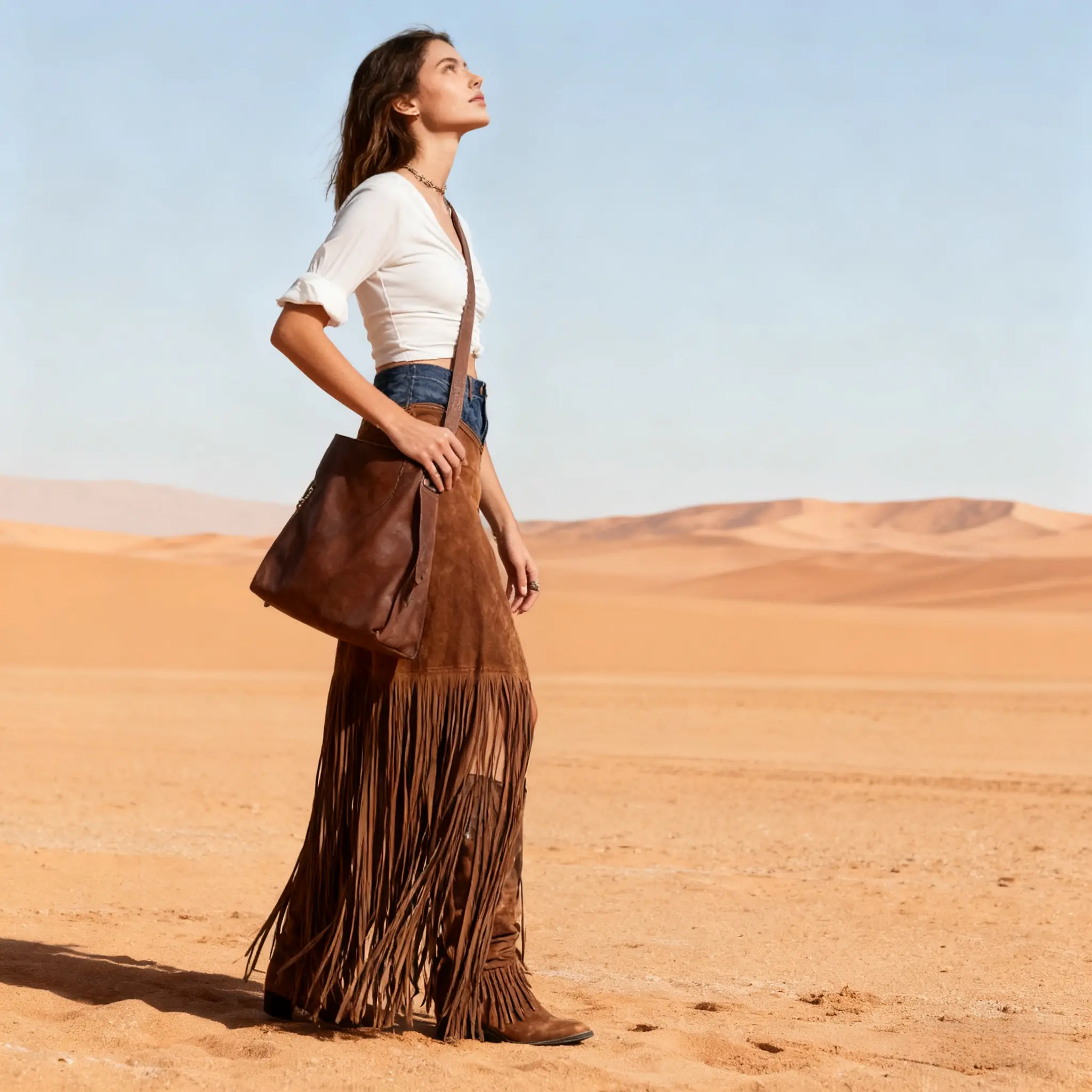 New Style Tassel Spliced Denim Hem Irregular Suede Skirt Dark Brown Fitted Maxi Bottom Minimalist Womenswear