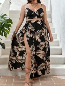 【plus size】 all over print tie back crop sleeveless cami top & split thigh skirt set, chic boho casual v neck backless camisole & high waist long skirt set for beach holiday vacation, two piece set women, women's summer outfits, bohemian womenswear