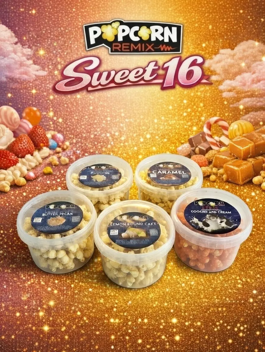 Popcorn Remix Sweet 16 Flavored Popcorn Variety Snack Pack - Dessert Sample Pack, 5 Flavors (16oz Each) with Cookies Cream, Caramel, Lemon Poundcake, Banana Pudding