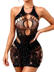 B2LOVER Womens Nightwear Fishnet One Piece Bodystocking Sexy Cut Out Bodysuit Sparkle Rhinestone Halter Mini Dress