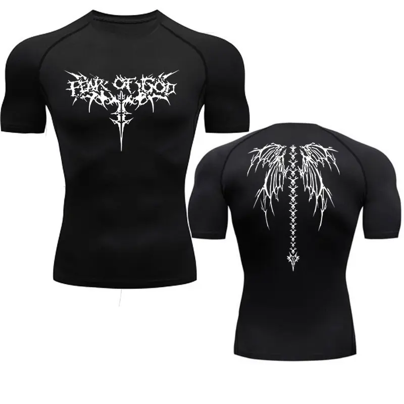 Dark Aesthetic Slim Compression Tee, Black Raglan Short‑Sleeve Sword Wing Dual‑Side Print Punk Fitted Top