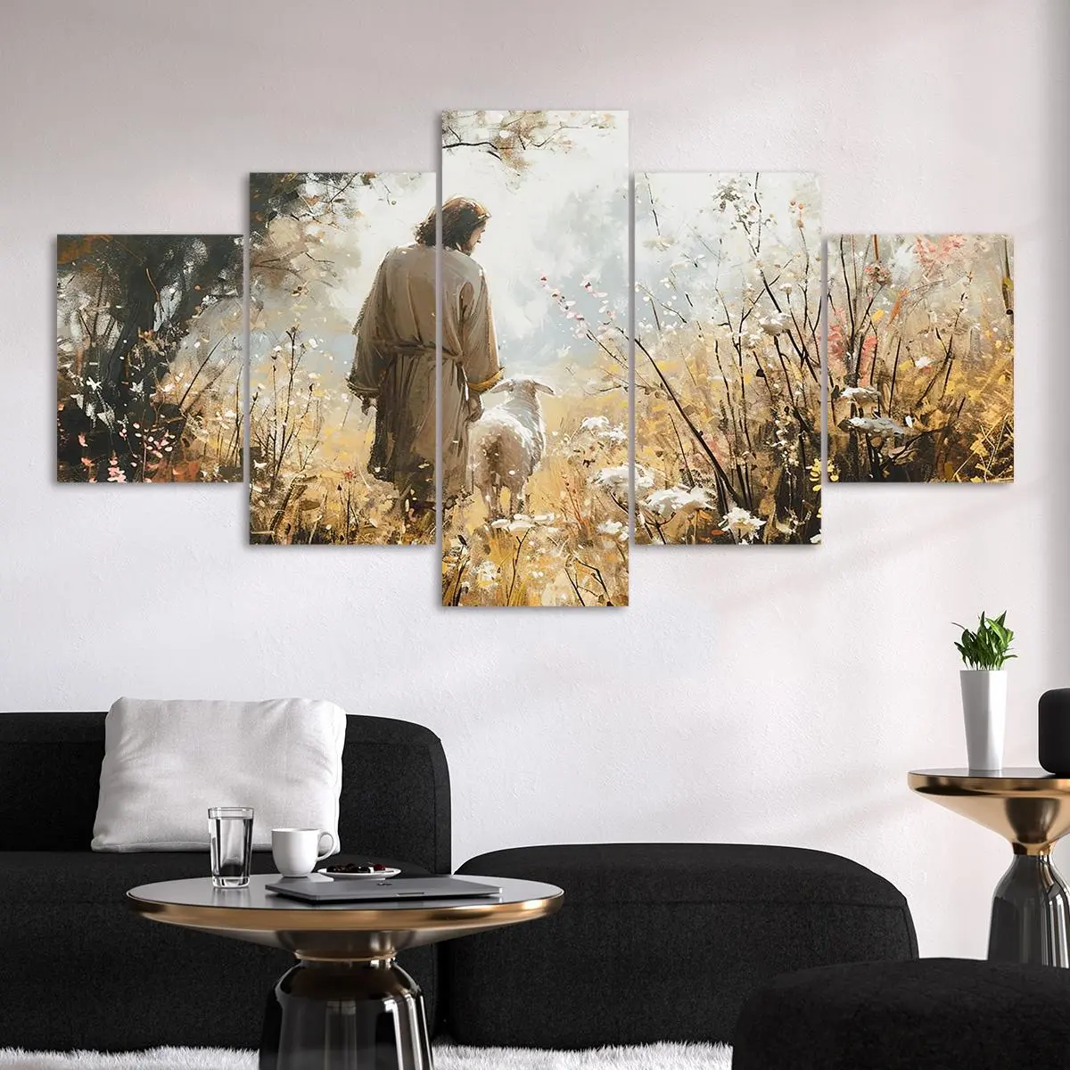 5 Counts Unframed Canvas Poster, Jesus Shepherd And Lamb, Exquisite Poster, Perfect Living Room Decoration, Modern Art, Fashion Family Poster, Wall Art Decoration, Odorless, Waterproof, Artwork, Western Wall Art
