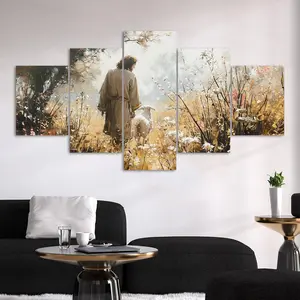5 Counts Unframed Canvas Poster, Jesus Shepherd And Lamb, Exquisite Poster, Perfect Living Room Decoration, Modern Art, Fashion Family Poster, Wall Art Decoration, Odorless, Waterproof, Artwork