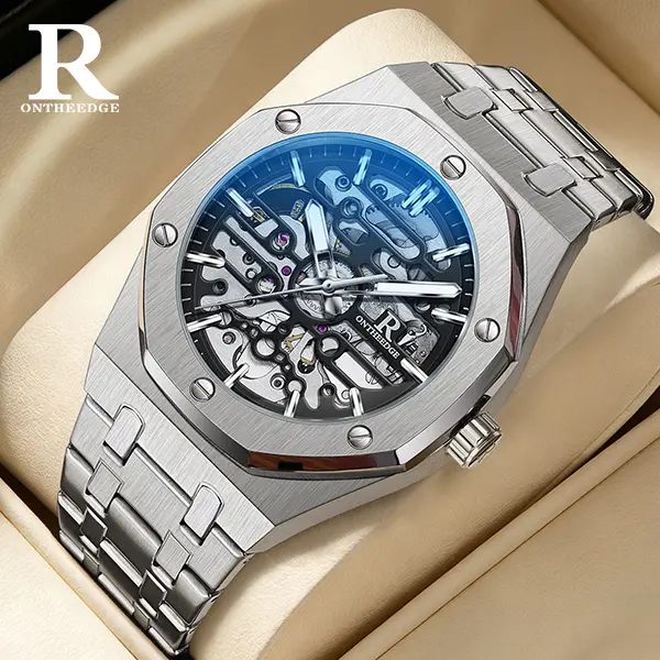 ONTHEEDGE Men's Automatic Skeleton Watch Luxury Mechanical Watch, Full Hollow Dial Design, Stainless Steel Bracelet, Premium Sport Dress Watch