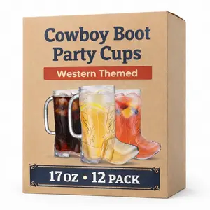 JoyServe Cowboy Boot Cups - (Bulk Pack of 12) 17oz Drink Mugs, Reusable BPA-Free Plastic Drinking Mug Cups for Kids, Western Themed Rodeo Birthday Party Decorations and Supplies