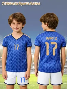 2-piece quick-drying soccer set for children and boys with blue leaf pattern, gold number 17 and name WIRTZ, including a soccer jersey and moisture-wicking sweat shorts, suitable for training, matches and outdoor activities.