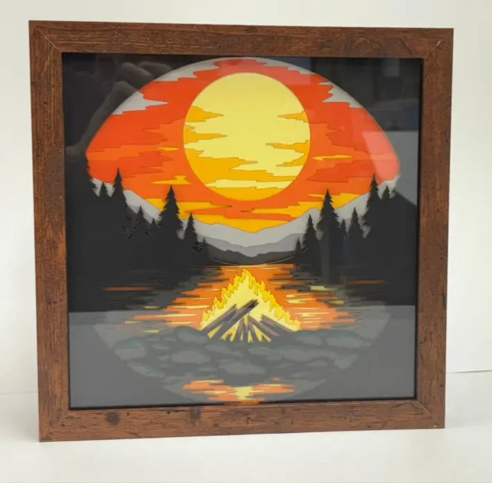 3D Cardstock Mountain Campfire Shadow Box Frame 9" x 9"