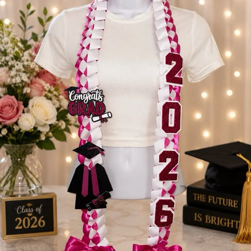 Fuchsia & White Graduation Ribbon Lei Fuchsia & White Graduation Ribbon Lei