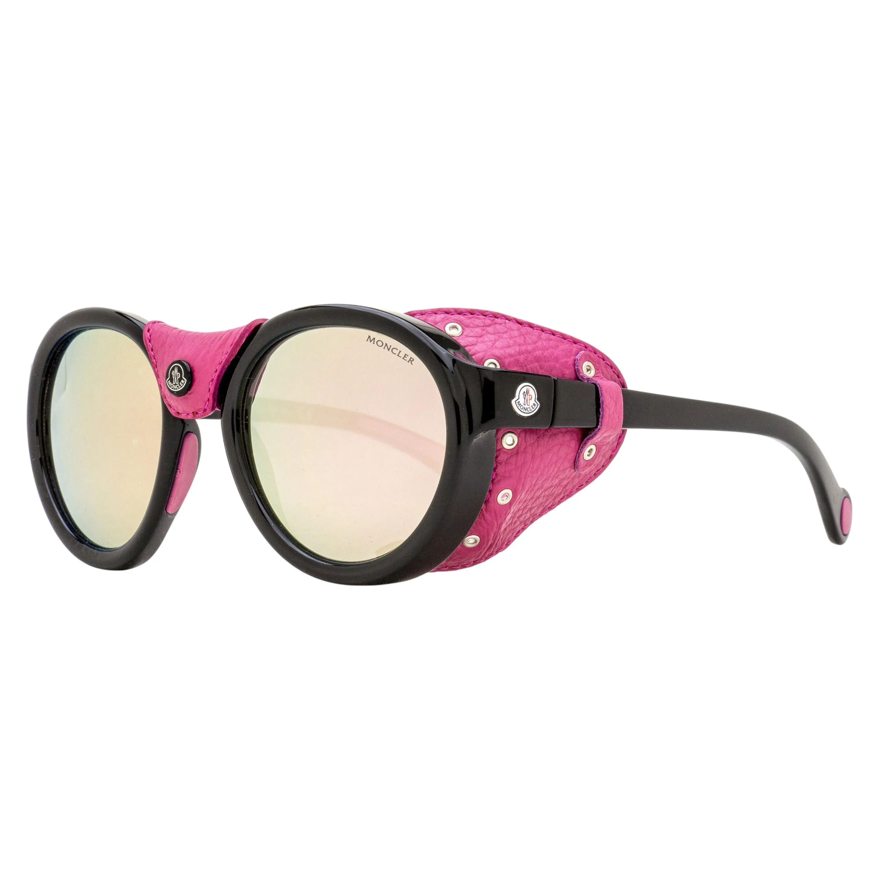 Moncler ML0046 01C Oval Lenses Sunglasses, Bold Frame, Leather Wrap, Removable Blinders, UV Protected, Black/Rose Red, 52mm, High Endurance