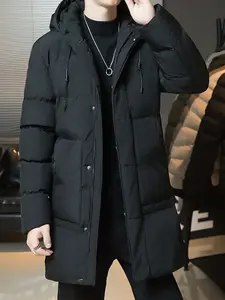 Winter New Men's Cotton Jacket Oversized Korean Style Casual Versatile Warm Coat Mid-Length Solid Color Hooded Outdoor Cold Protection Essential
