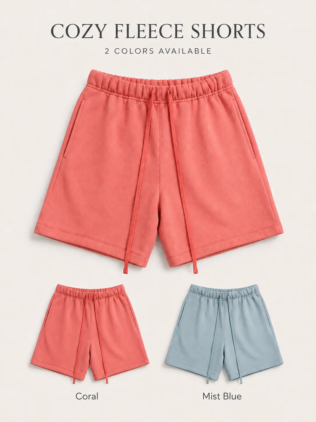 Men's Casual Fleece Shorts with Pockets– Coral & Dust Blue, Elastic Drawstring Waist Relaxed Fit Sweatshorts, Everyday Lounge Streetwear Shorts