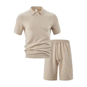 Men's Summer Jacquard Polo Shirt and Shorts Set, Lightweight Breathable Sweat-Wicking Short Sleeve Two-Piece Outfit, Casual Relaxed Fit Stylish Comfortable Daily Wear Beach Travel Loungewear