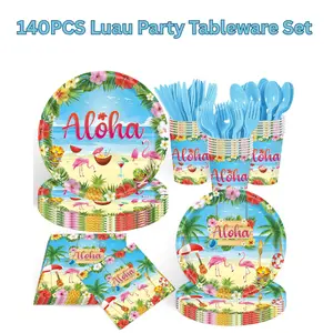 140PCS Luau Party Tableware Set – Tropical Hawaiian Dinnerware for 20+ Guests, Aloha Summer BBQ Supplies & Beach Theme Decorations