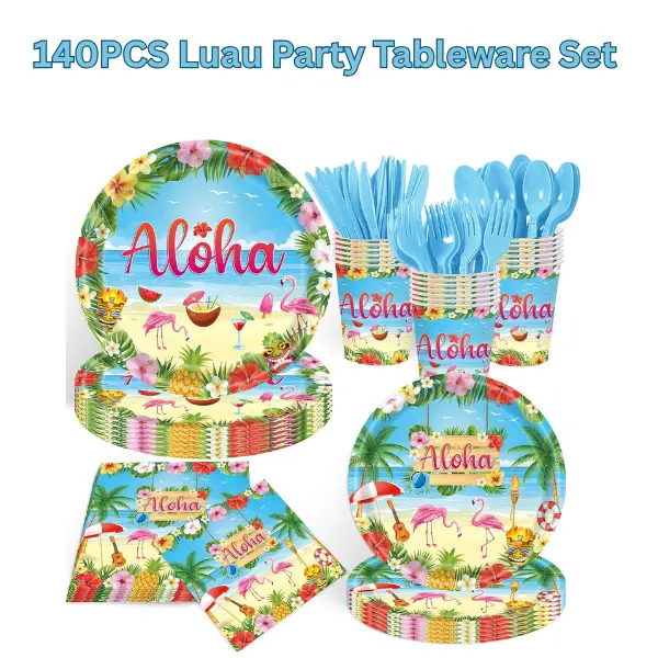 140PCS Luau Party Tableware Set – Tropical Hawaiian Dinnerware for 20+ Guests, Aloha Summer BBQ Supplies & Beach Theme Decorations