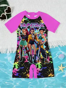 Girls Kpop Korean Style Jumpsuit, Ink Battle Cartoon Print Short Sleeve Quick-Dry Swimsuit, Children Beach Sea Vacation Swimwear