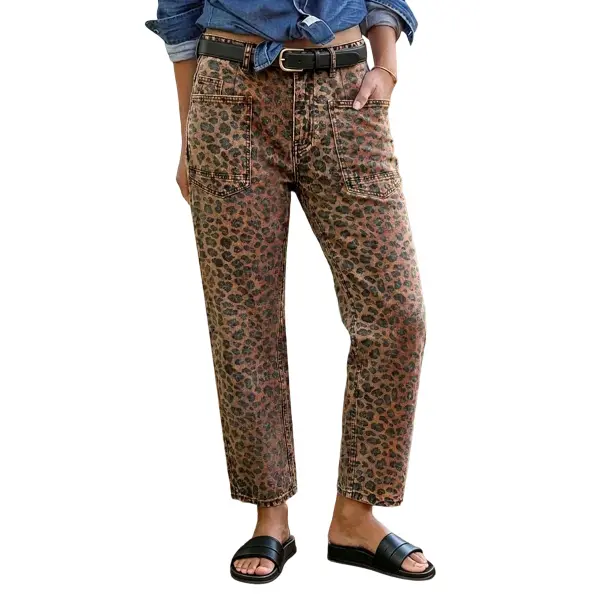 Flamingals Leopard Print Patch Pocket Mid Waist Straight Leg Cropped Pants Without Belt Womenswear Stretchy 25.6" Inseam