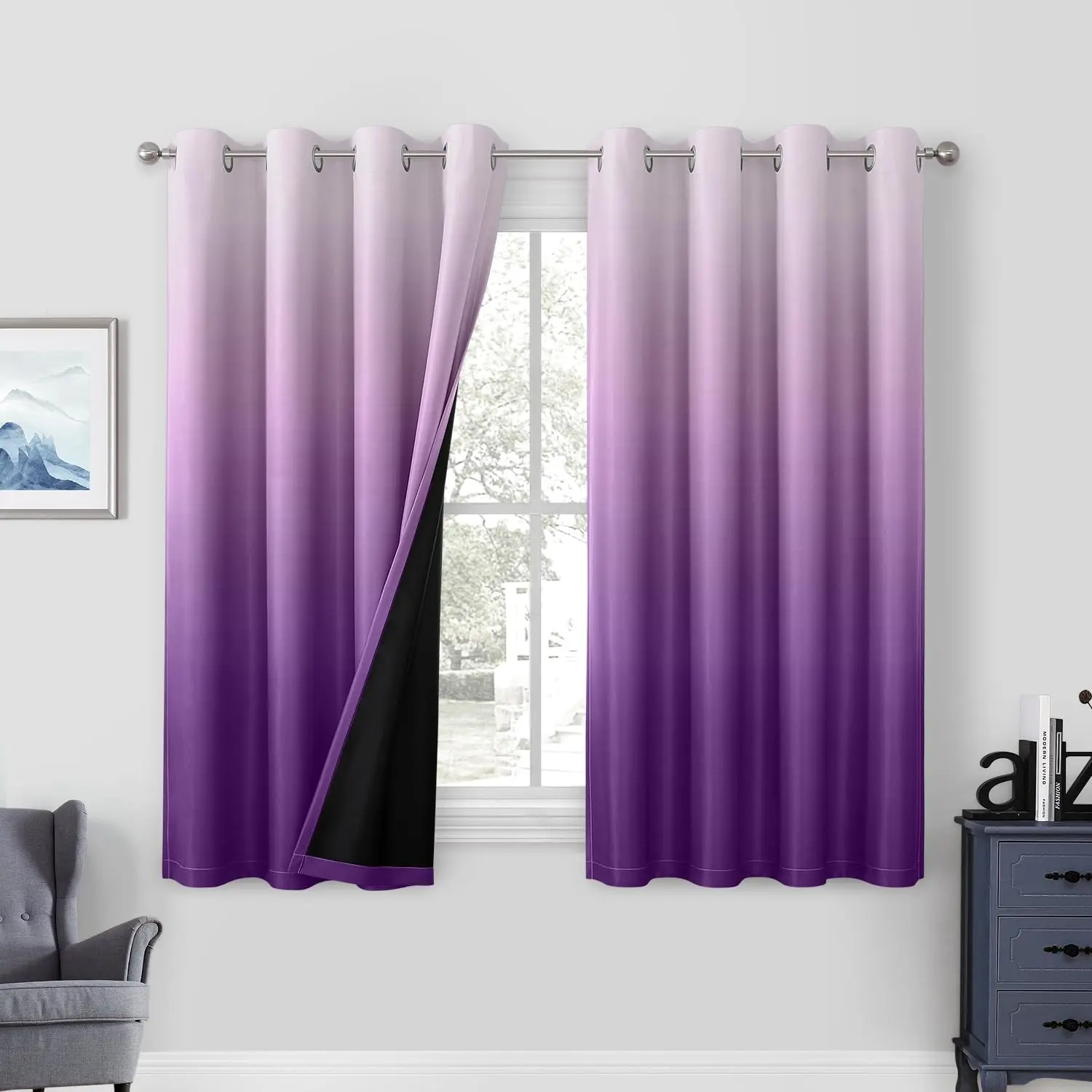 Purple  Ombre Blackout Curtains for Bedroom, 52 X 63 Inches Long Room Darkening Gradient Light Blocking Thermal Insulated Grommet Drapes for Living Room, 2 Panels