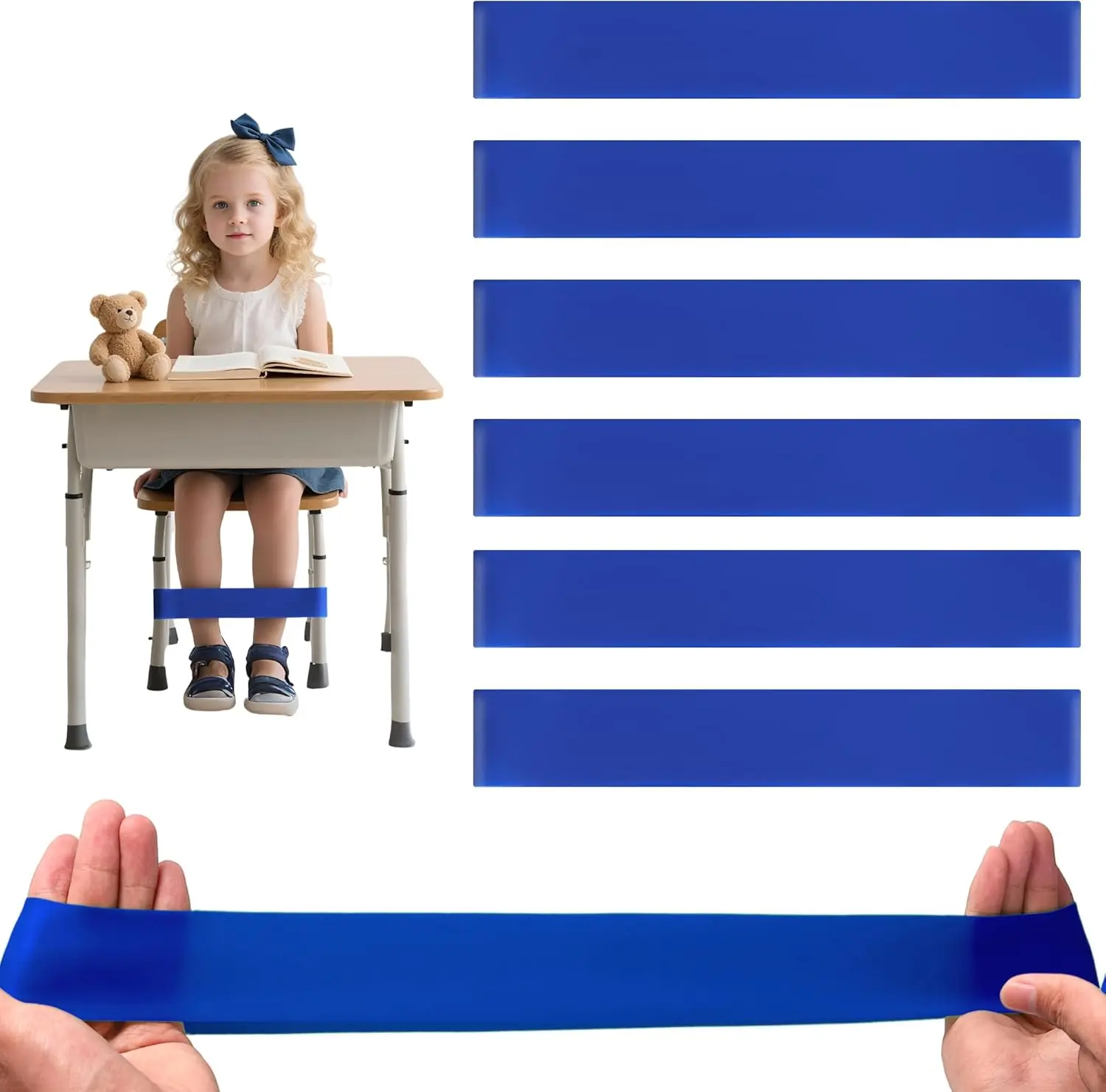 6 count Chair Bands for  With Fidgety  Colorful Chair Fidget Bands Desks Stretch Foot Band for  Sensory Flexible Band Classroom  Chair Fidget Tools (Blue, 6 count)