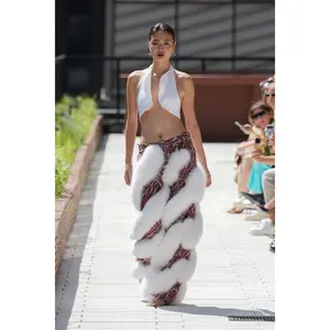 NYFW White Fox and Denim Pants in Maroon with Fluffy Fox Design for Women's Womenswear