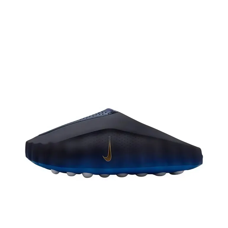 Slip‑on mule clogs dark‑blue gradient perforated upper thick wavy light‑grey pod outsole sleek metallic logo futuristic lightweight cushioned street resort festival unisex casual slide footwear