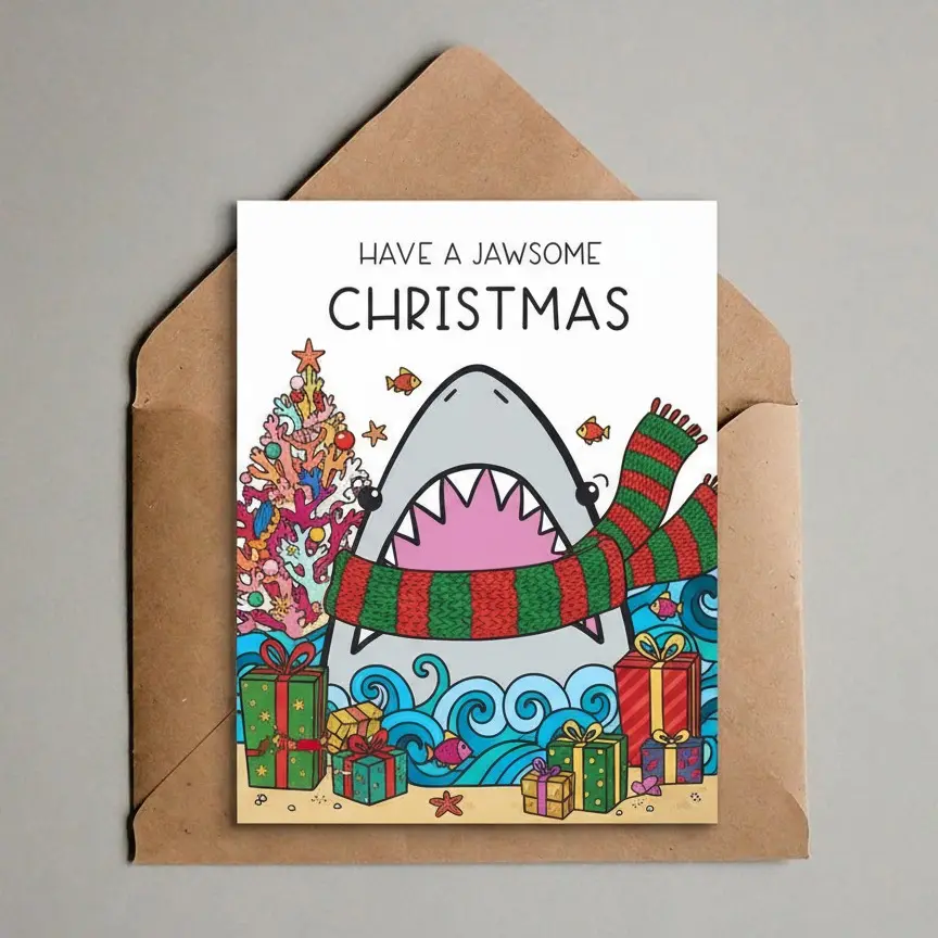 Have A Jawsome Christmas Card with Envelope, 1 Count Funny Christmas Card, Unique Holiday Greeting Card for Friend, Family, Colleague, Her, Him,...