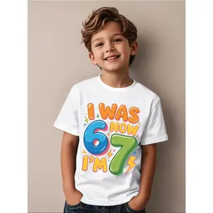Boys' 7th Birthday T-Shirt | Age 6 to 7 Years, Number 67 & Lightning Bolt Design - Crew Neck, Short Sleeve, Casual Summer Top for Boys