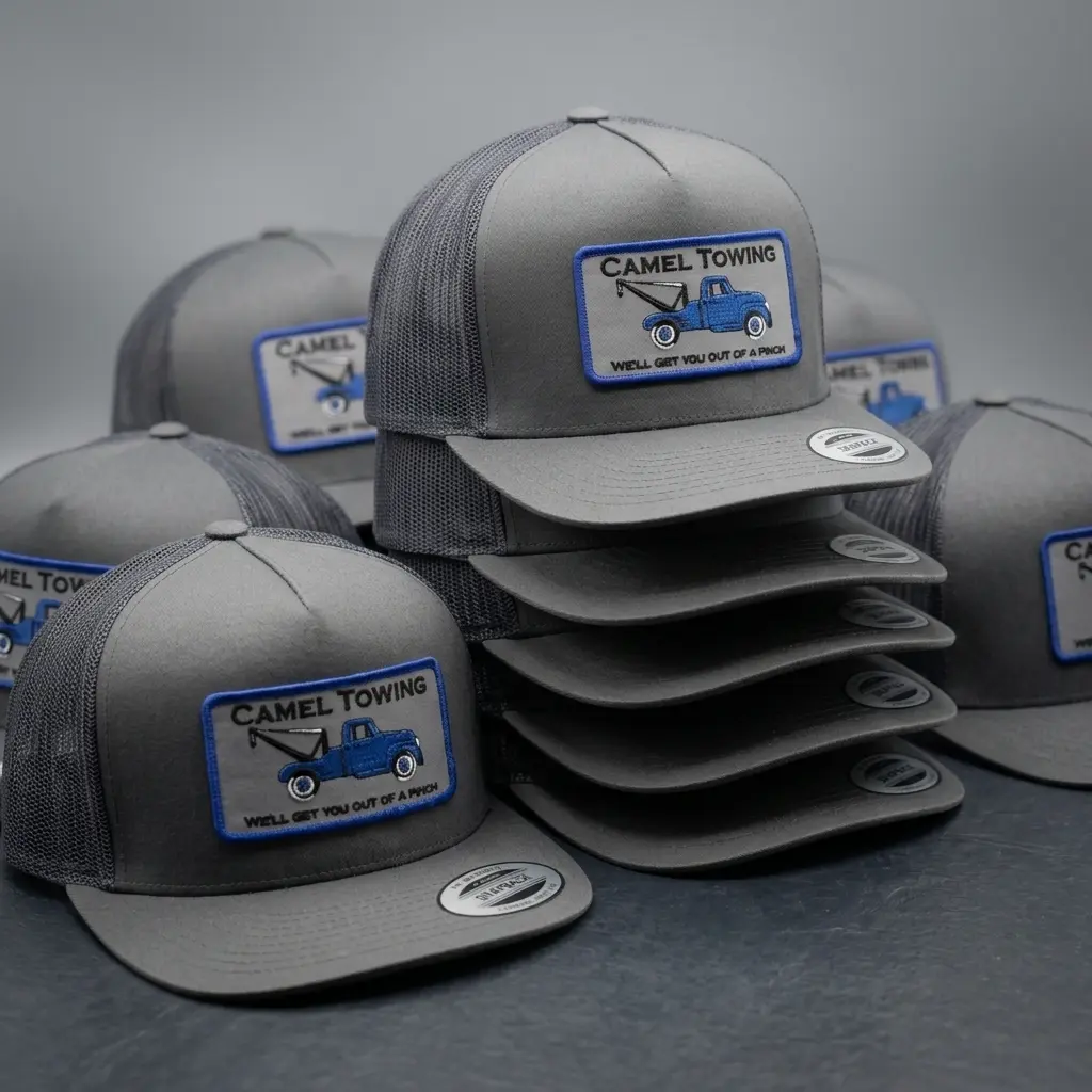 Camel Towing Vintage Tow Truck Embroidered Patch Trucker Hat – Gray Mesh Back Snapback Cap, Funny Retro Mechanic Driver Hat, Adjustable One Size Fits Most