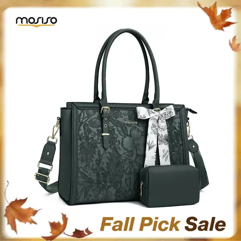 MOSISO Women's Retro Hibiscus Pattern PU Leather Laptop Tote Bag - 15.6-17.3in Waterproof Adjustable Shoulder Travel Bag, 3 Compartments, Padded Section, Clutch Purse, Silk Scarf, Zipper, Fits MacBook/Dell/HP, Ideal for Office, Gifts for Women, Adjustable
