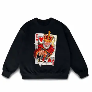 Unisex King Card Graphic Crewneck Sweatshirt - 100% Cotton 300g Heavyweight Pullover, Bold Playing Card Front & Back Print, Oversized Loose-Fitting Streetwear, Casual All Seasons Cozy Top for Men Women, Couple Matching S-2XL