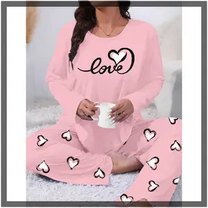 Cozy Heart Print Plus Size Casual Knit Pajama Sets for Women - 95% Polyester 5% Elastane Slight Stretch - Fall Season Comfort Fit Long Sleeve Top and Pants Lounge Sleepwear