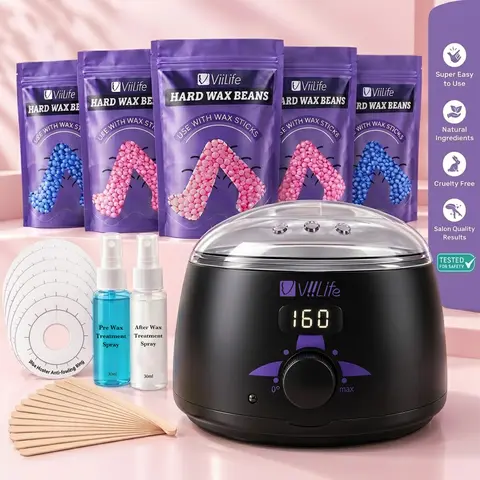 Viilife Digital Wax Pot Hard Wax Warmer Multi-Item Kit - Women's At-Home Temperature Control Set with Smooth Beads, Prep Spray, Cosmetic Aftercare, Daily Body Care for Face/Body Sensitive Skin (All Skin Types)