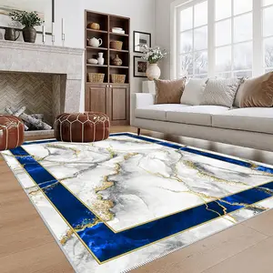 Crystal Velvet Blue Gold Marble Rug, Rug For Home, Waterproof, Soft Comfortable Mat, Door Mats, Kitchen, Living Room, Bedroom, Hallway, Laundry Room