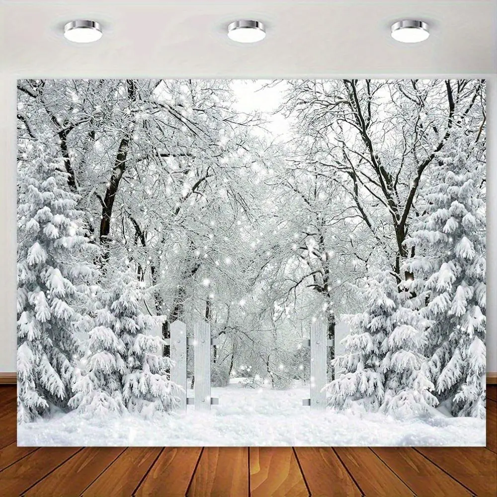 1pc Durable Soft Polyester Christmas Photo Backdrop - 2D Flat Glam Winter Wonderland Snowflake Forest Print, Multi-Size (cm/in), Indoor Family Holiday Decor, Photo Studio Banner
