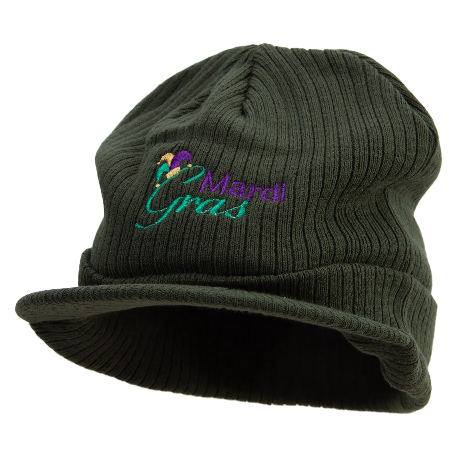Mardi Gras with Jester Embroidered Big Knit Ribbed Beanie with Visor