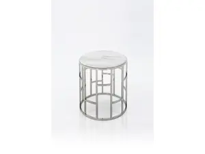 HomeRoots 473138 Stylish Silver & Marble Round Geometric End Or Side Table, White
