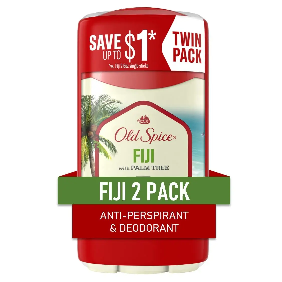 Old Spice Antiperspirant Deodorant for Men, 24\/7 Sweat and Odor Protection, Advanced Skin Conditioners, Fiji with Palm Tree Scent, Invisible Solid, 2.6 oz (Pack of 2)