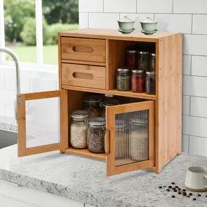 CNCEST Bamboo Storage Cabinet with Drawers & Clear Doors, 16.5 Inch Tall Kitchen Organizer - 2-Drawer Acrylic Front Sideboard for Living Room, Dining Room & Office